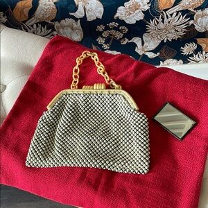 1930’s Whiting & Davis Cream Clutch with Metallic Mesh and Chain Handle & Mirror